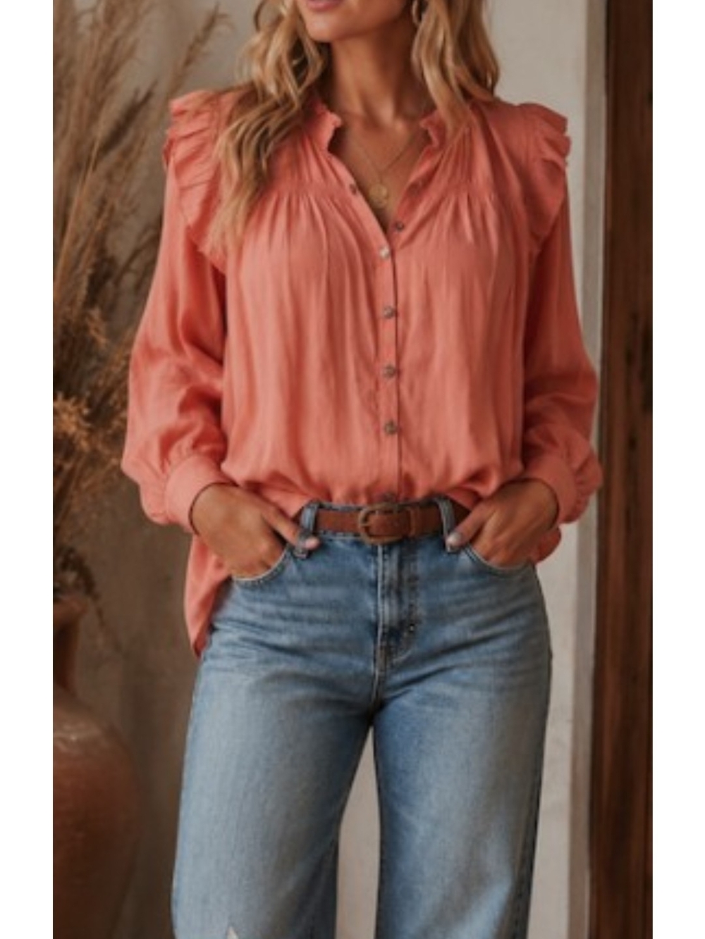 Entro Women's Coral Ruffle/Smocking Shoulder Button-Front Blouse NWT